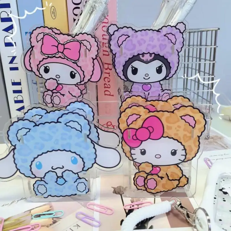 Kawaii Sanrio Hello Kitty Acrylic Pen Holder Kuromi Cartoon Leopard Print Series Stationery Storage Box Desktop Decoration Gift