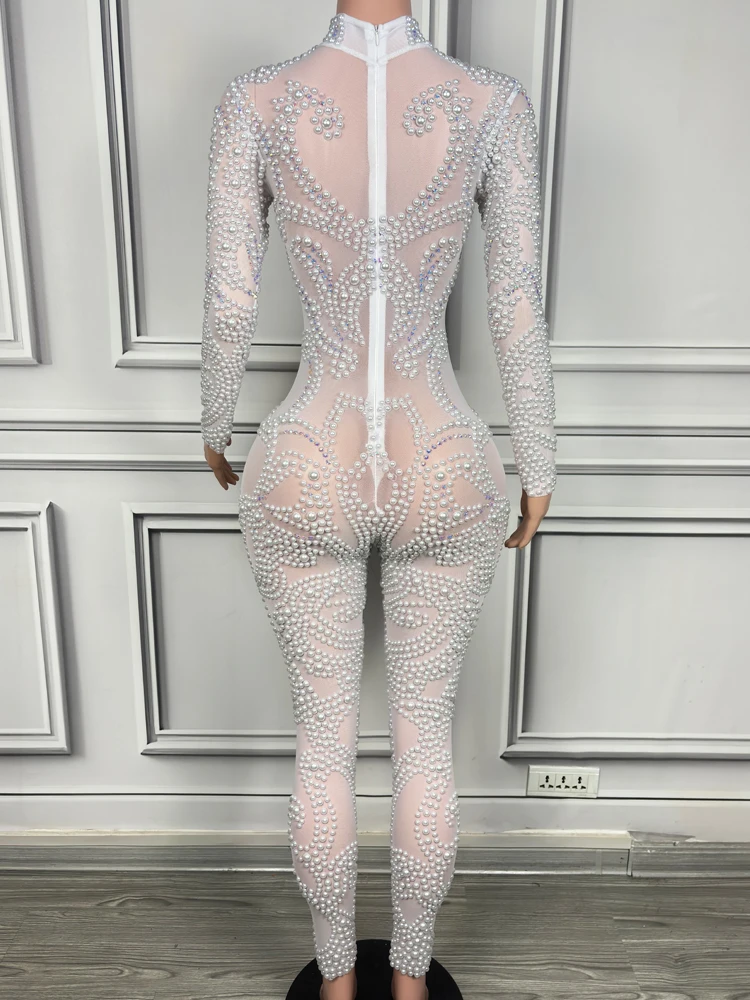 Luxury White Pearls Long Sleeves Women Bodysuit Transparent Mesh Outfit Christmas Party Dance Show Stage Performance Costume