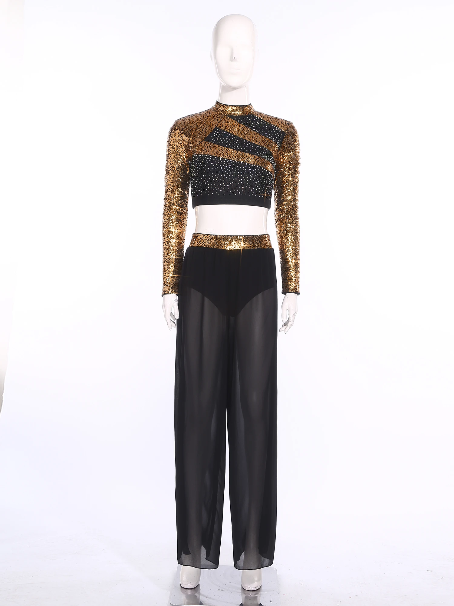 Feminino conjunto de dança lírica ballet jazz dança latina traje manga longa lantejoulas colheita superior com malha pura fenda lateral calças de dança outfit