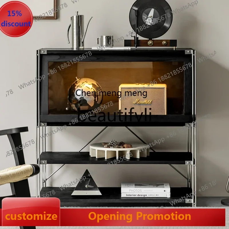 

S7486teae Black display cabinet solid wood flap door storage, simple storage side cabinet, shelf