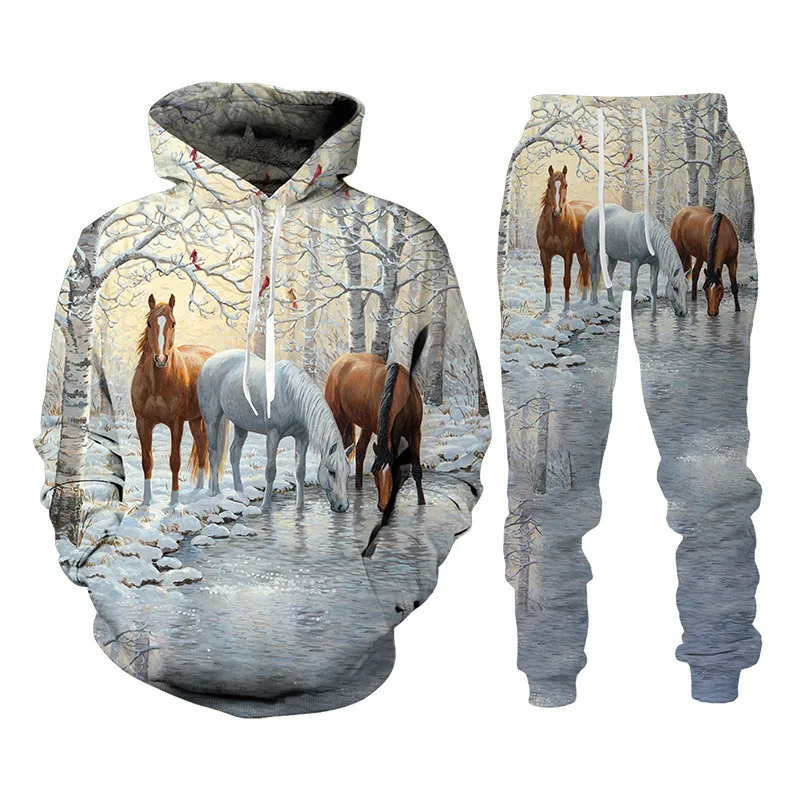 Vintage Animals 3D Horse Print Man Woman Tracksuit Set Fashion Casual Hoodie+Pants 2 Piece Sets Trend Streetwear Kids Clothing