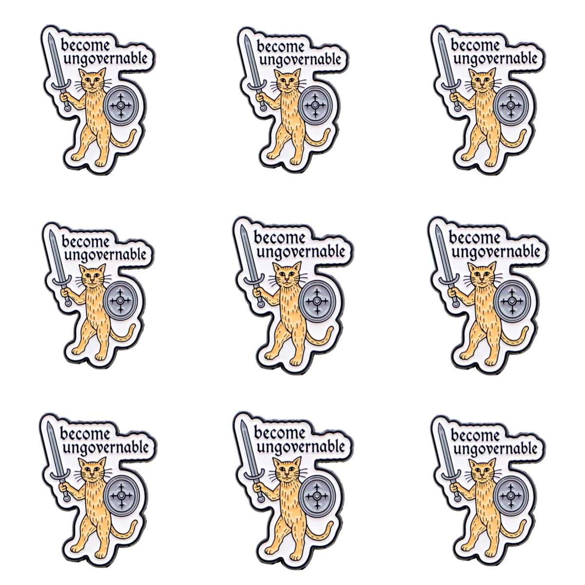 9pcs Become Ungovernable Warrior Cat Enamel Pin Sword Shield Lapel Brooch Cartoon Animal Metal Badge Backpack Clothing Decor