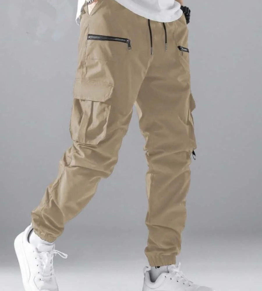 2025 Zipper Men Flap Pocket Side Drawstring Waist Men's Cargo Pants Men Baggy Khaki Trousers Men Thin Cargo Pants Back To School