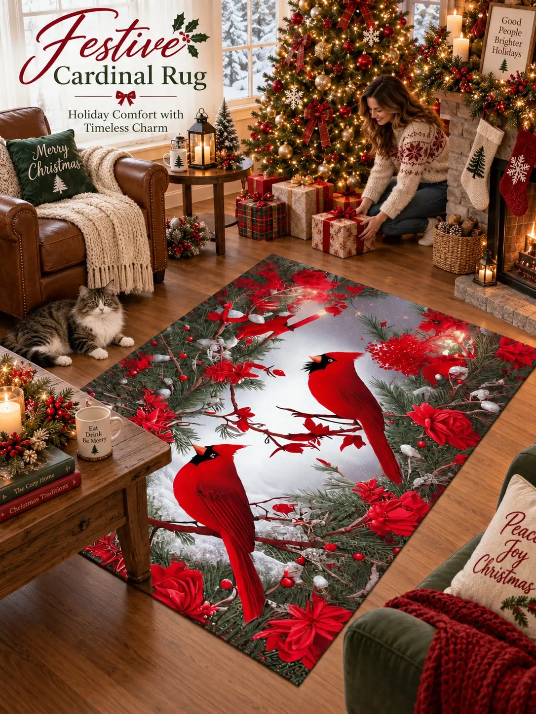 Christmas Rug Cardinal Flowers Pine Branches Floor Decor Carpet Living Room Bedroom Dining Area Entryway Apartment Cabin Winter Home Styling Beside Sofa Armchair Housewarming Birthday Gift for Birdwatchers Family Friends Sisters Holiday Gatherings