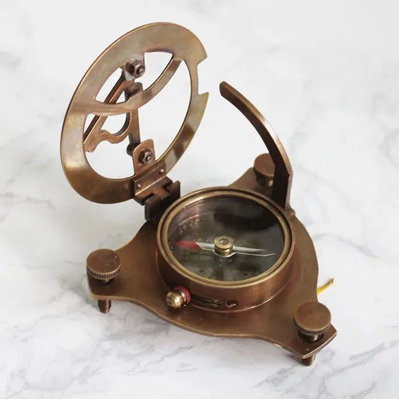 Indian Pure Copper Nautical Sundial with Compass, Retro Nostalgic, Antique Model, Marine Photography Props, Desktop Ornament