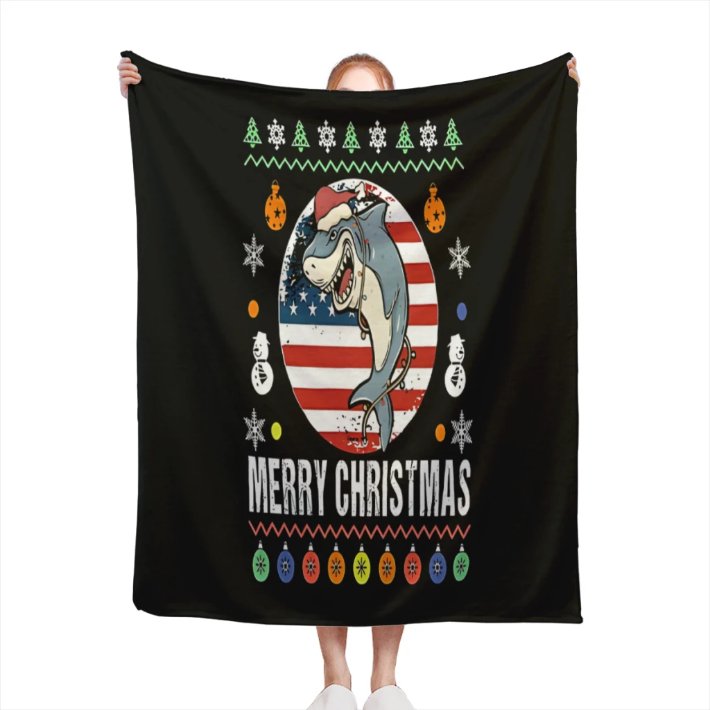 

Santa Shark Grunge American Flag Christmas Sweater US Flag Christmas Medium Blanket sets throw for Couch Warm Flannel Blankets