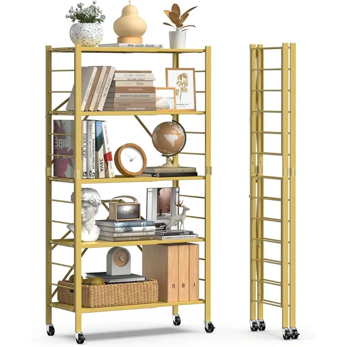 調節可能な5段折りたたみ式棚 ゴールド、省スペースガレージ用キャスター付きコンバーチブル収納ラック