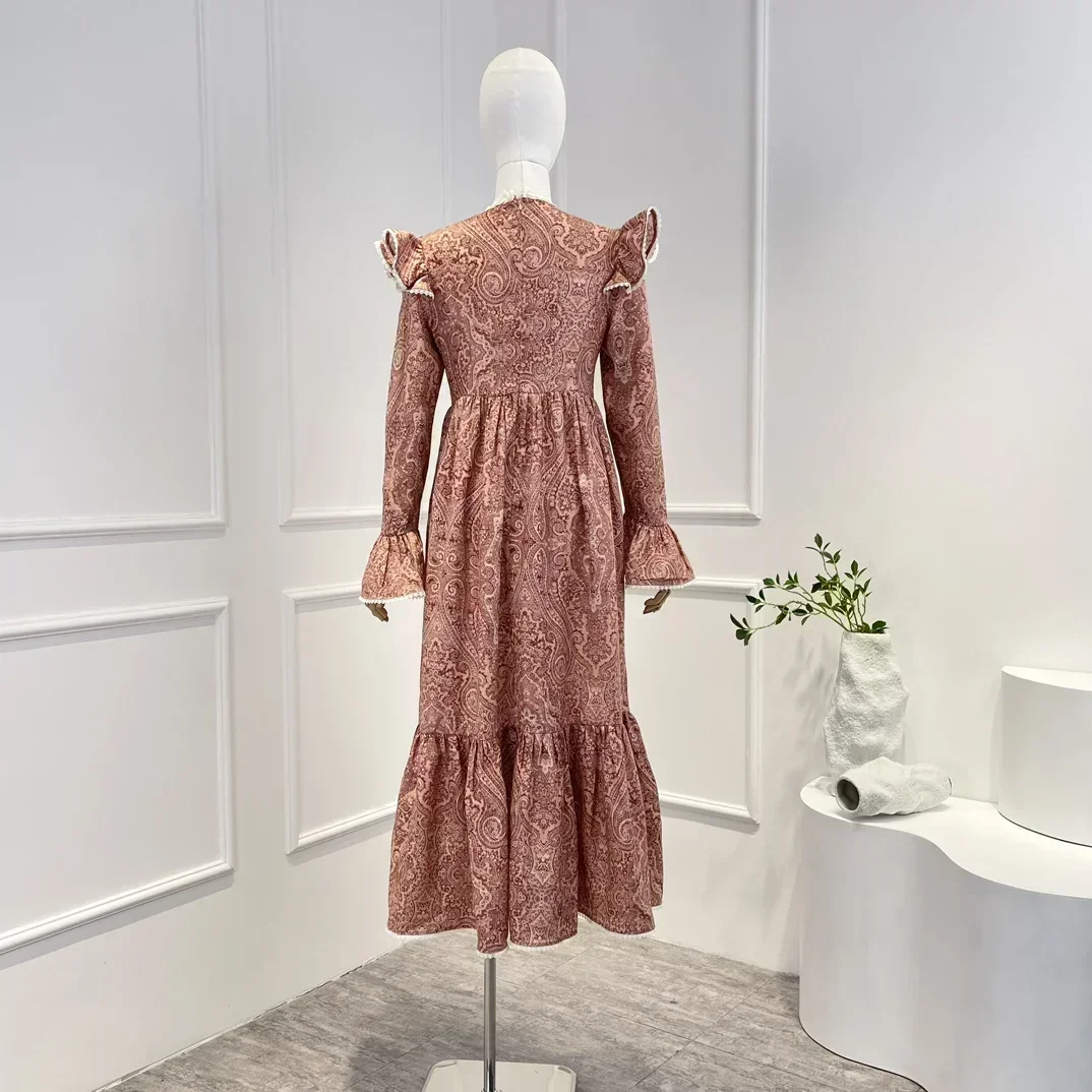 2023 Spring Top Quality Natural Linen Pink Floral Sweet Style Self Tie Bow Collar Frill Ruffle Shoulder Midi Dresses for Women