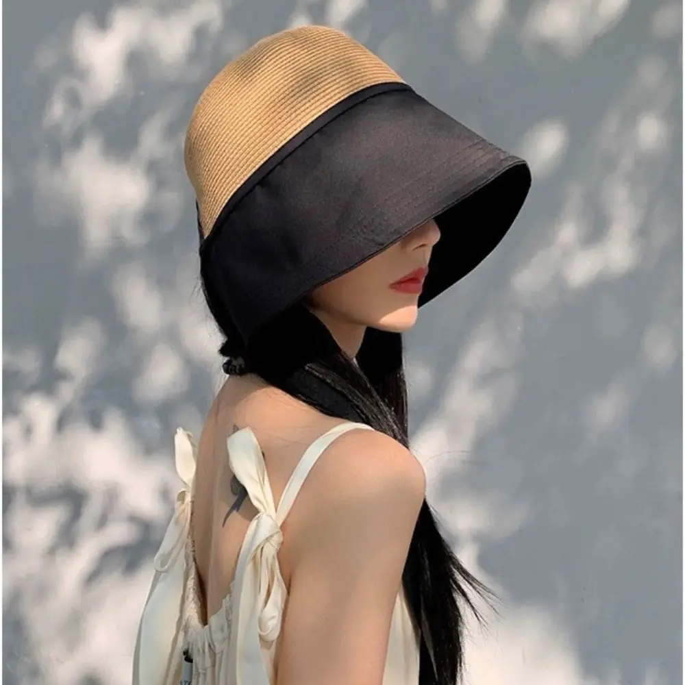 

Breathable Shade Sun Caps Foldable Bucket Hat Stripe Weave Straw Hat Sunscreen Summer Sunscreen Bucket Hat Apparel Accessories