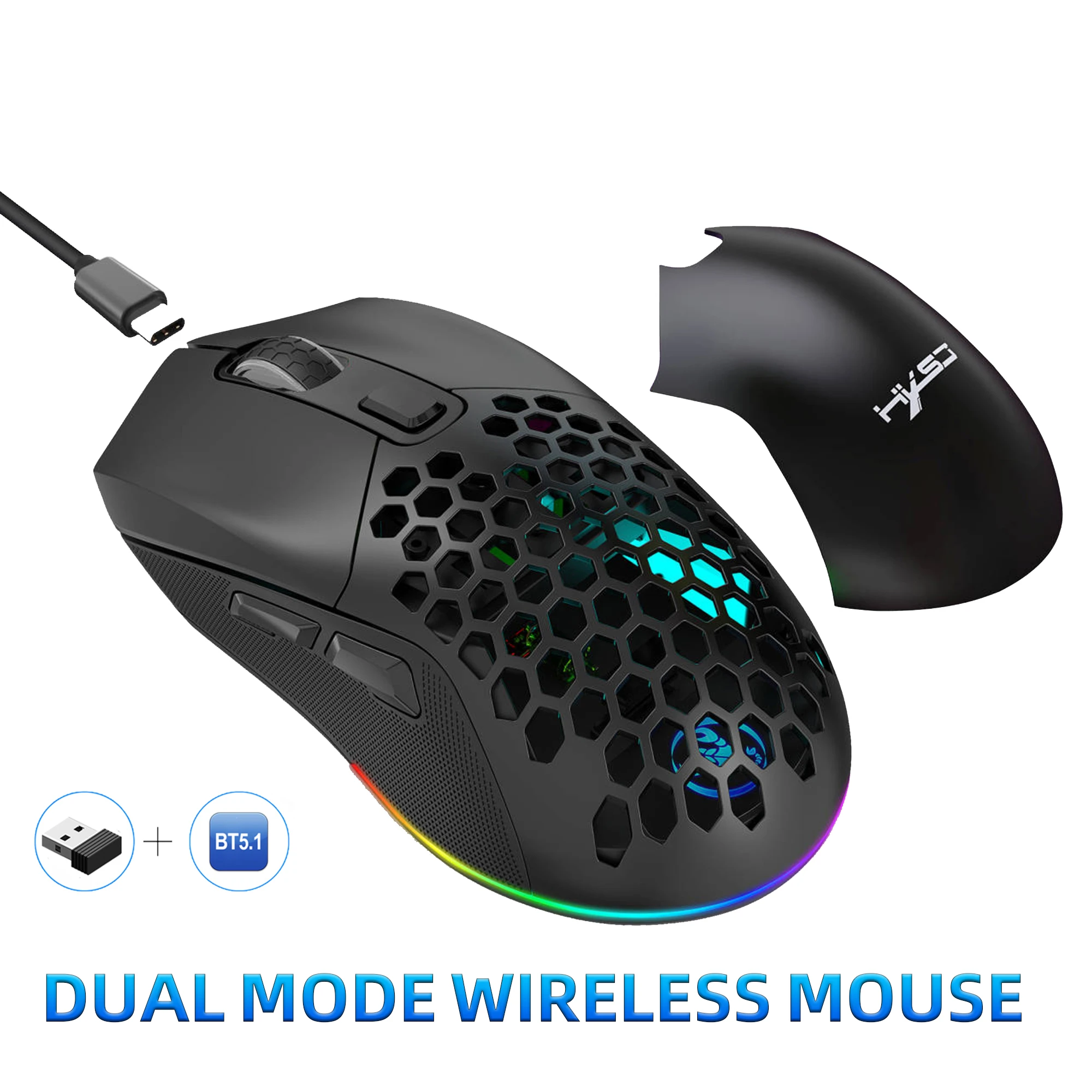Dual Mode Wireless Mouse 2.4G+BT5.1 Mouse Ergonomics Replaceable Cover 4800DPI RGB Backlight Mouse for Computer Laptop Tablet