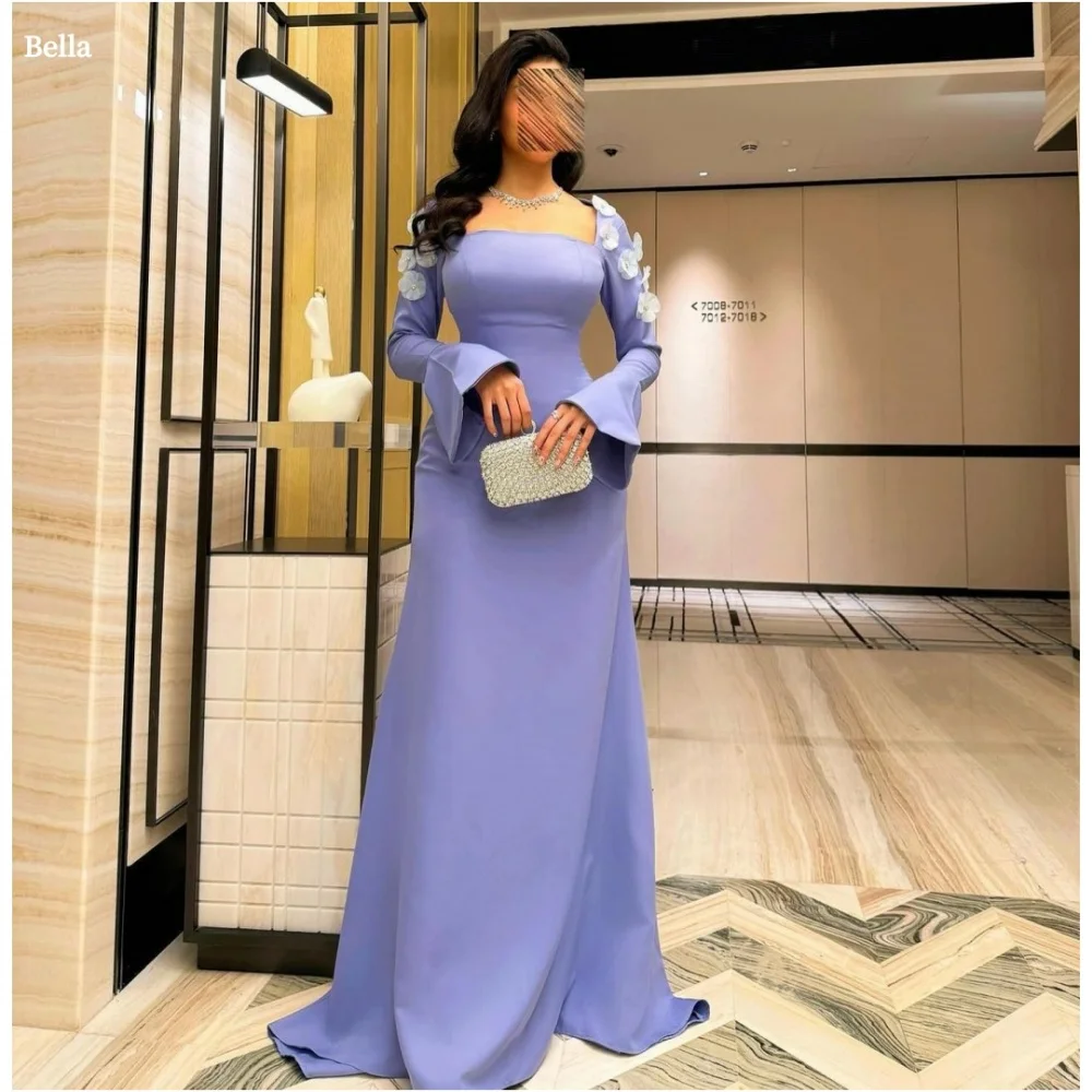 

Bella Customized Blue 3D Flowers Slightly Flared Sleeves Square Collar robes de soirée Mermaid Party Dresses Satin Prom Dress