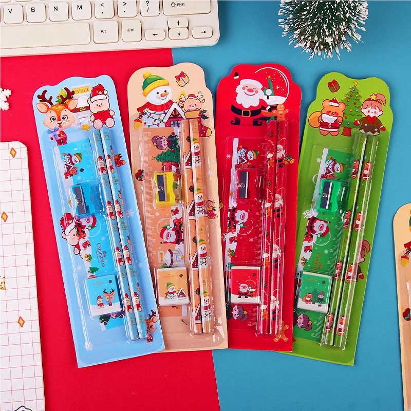 Christmas card suction five piece set, elementary school pencil set, kindergarten activity prize, children's learning stationery