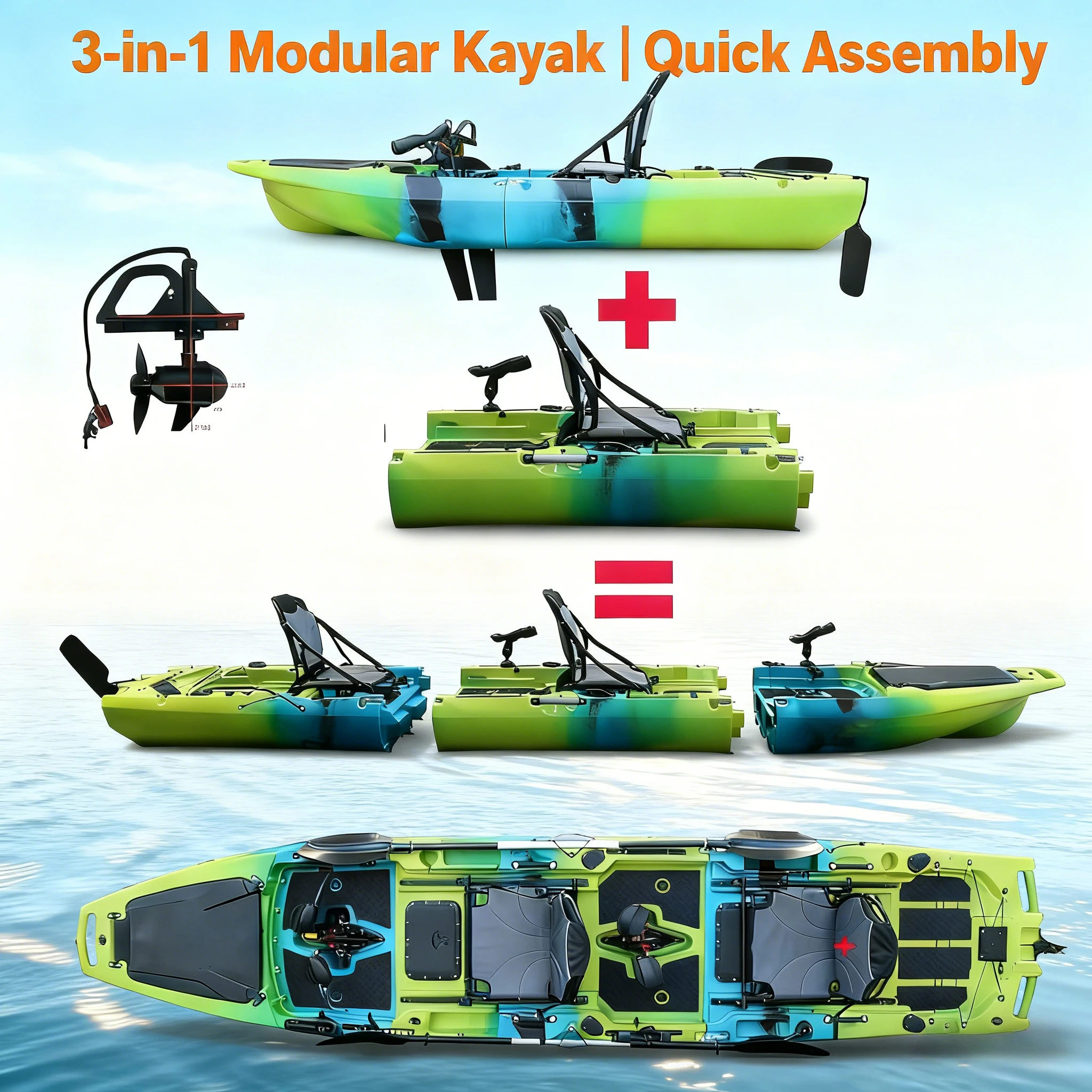 2-Seater Sit-on-Top Modular Pedal & Electric Fishing Kayak with Accessories Durable Anti-Collision Customizable Aluminum Seats