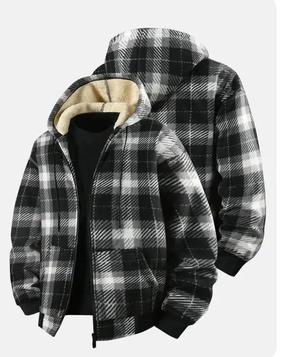 Neue modische, mit Fleece gefütterte, lässige Herren-Hemdjacke mit Kapuze und Karomuster – Detail 2