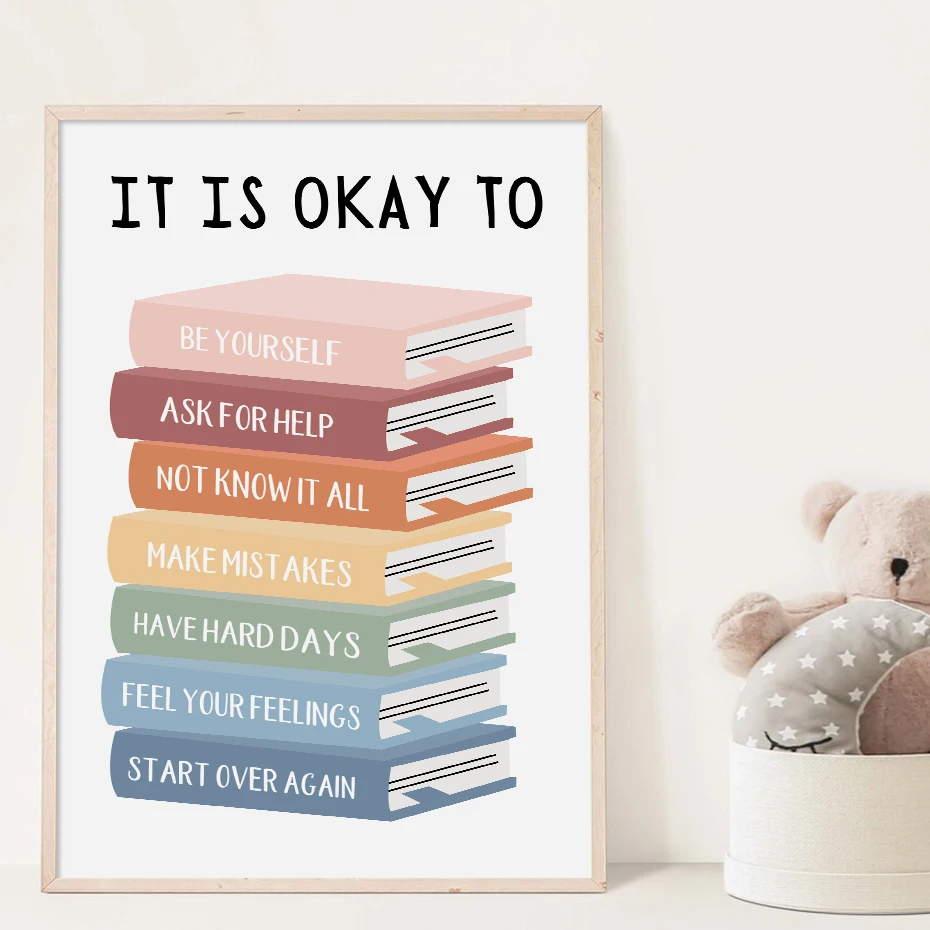 Boho It Is OK to Feel Books Educational Poster Wall Art Canvas Painting Print Picture Children Kids Room Classroom Decoration