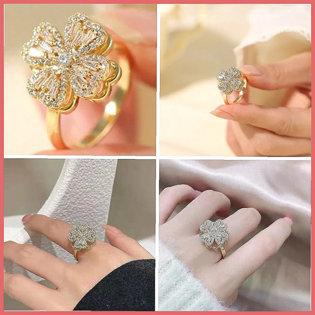 360° Rotating Four Leaf Clover Ring with Sparkling Zircon, Elegant Adjustable Lucky Jewelry for Women Gift