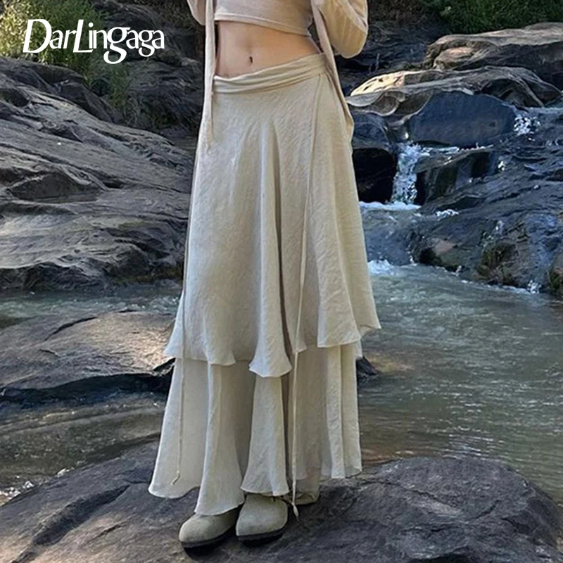 

Darlingaga Grunge Fairycore Loose Maxi Skirt Women Tierred Folds Streetwear Vintage Fashion Vacation Long Skirt Tie-Up Outfits