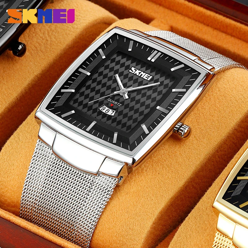 

SKMEI Fashion Business Square Series Quartz Watch, Men's Mesh Band Waterproof Watch