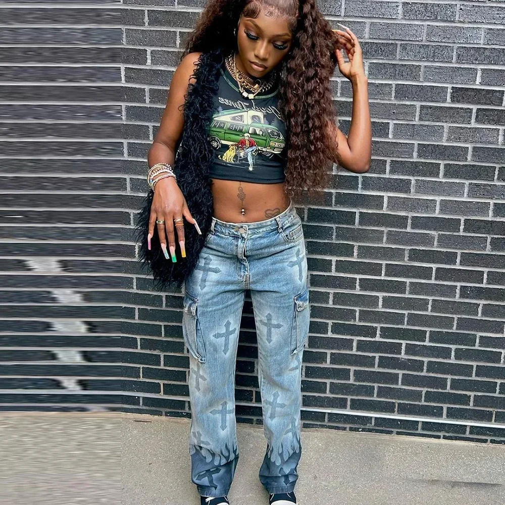 

Винтажные женские джинсы с несколькими карманами, осень 2024, прямые джинсовые брюки с высокой талией и пуговицами, женские уличные брюки с принтом, джинсы