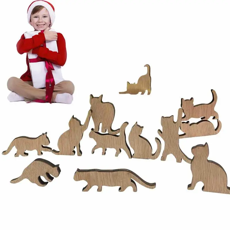 Mini Wooden Dolls Cats Doll Desktop Balance Stacking Game Toy 12 Different Shapes Block For Parents Children Interaction