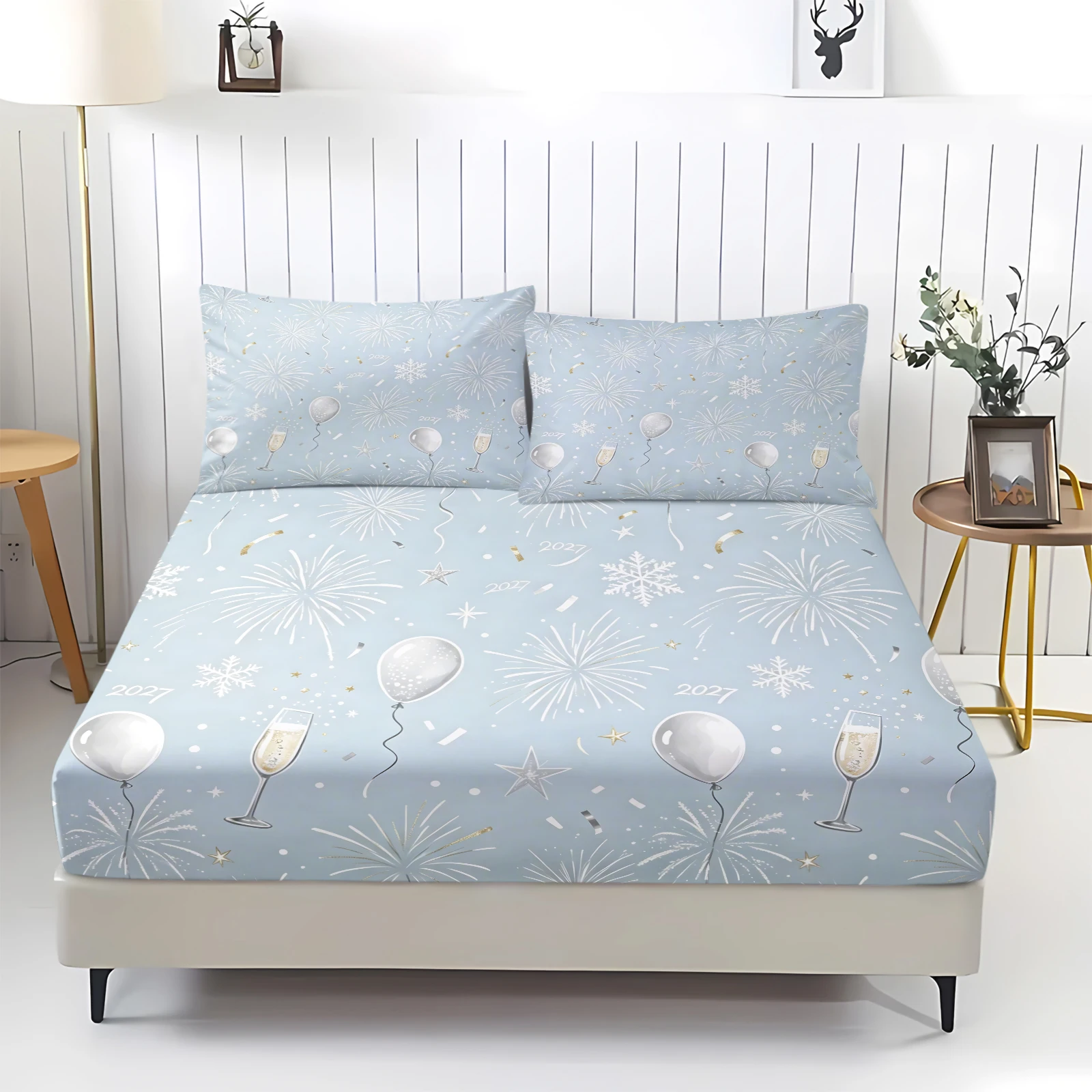 New Year Fitted Sheet Set Firework Balloon Snowflake Print 360° Elastic Deep Pocket Mattress Cover with Pillowcases Bedding Set
