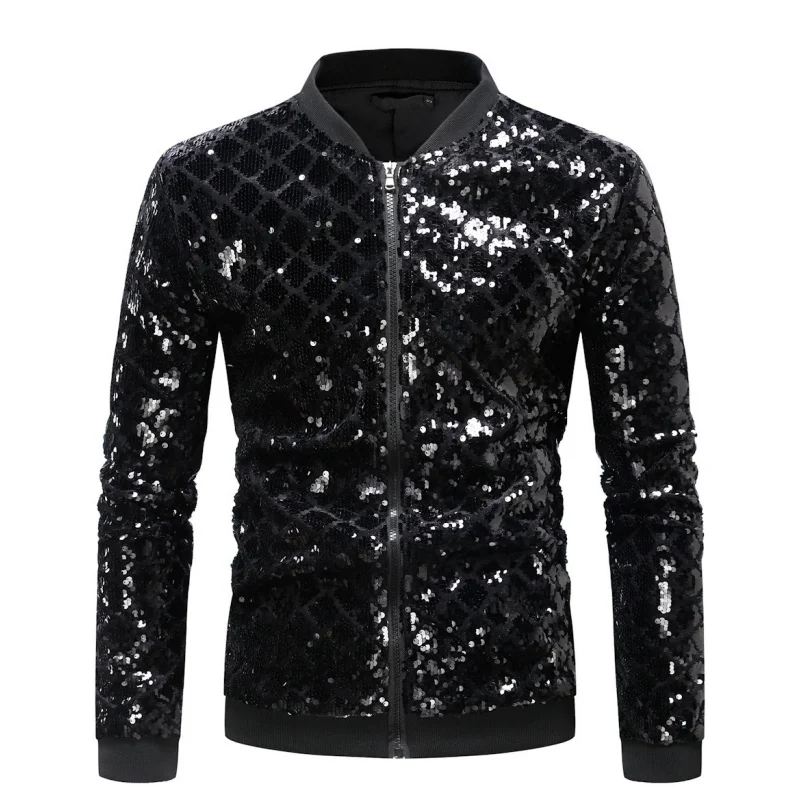 Jacket Coat Mens  Long  Sleeve Crystals Sequins Nightclub Bar Stage Wear Fashion Club Mirror Surface Bling Performance Clothes