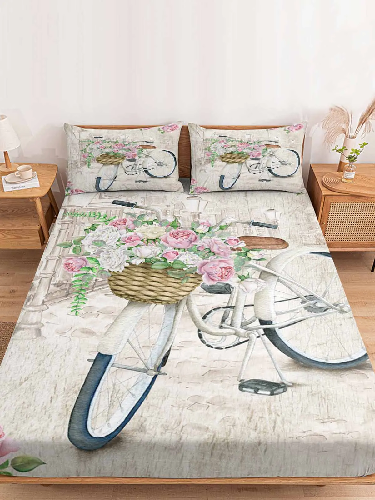 Bicycle Flowers Retro Queen Size Bed Mattress Fitted sheet Elastic Rubber Band Non-slip Bed Sheet Pillowcase Set