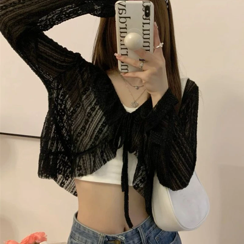 Blouses Women Sun-proof Elegant Vintage Bandage Design Aesthetic Prevalent Summer Korean Style Long-sleeve Thin Breathable Ins