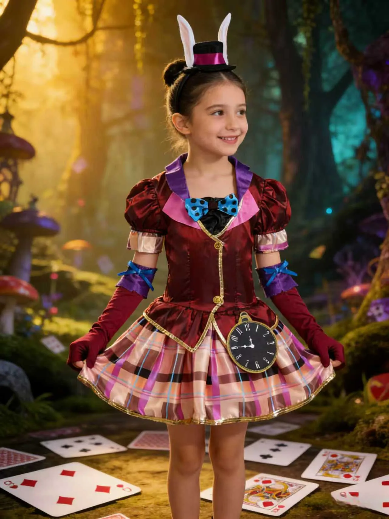 Girls' Outfit: 1 Bow-Decorated Girls' Dress + 1 Small Hat with Ear-Shaped Headband + 1 Pair of Gloves with Bow Rings, Girls' Halloween and Various Carnival Holiday Party Costumes