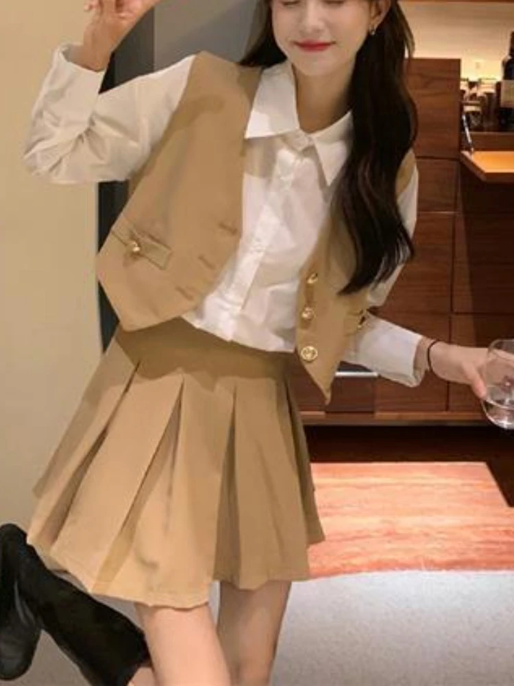 Japanese Preppy Style Three Piece Sets Women Black Vintage Vest + +White Casual Blouse +Mini Pleated Skirt Female Chic Clothes