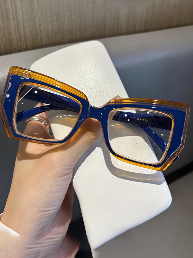 Fashionable Retro Contrasting Color Anti Blue Light Reading Glasses For Women Cat Eye Polygonal Trendy Personalized Glasses Fram