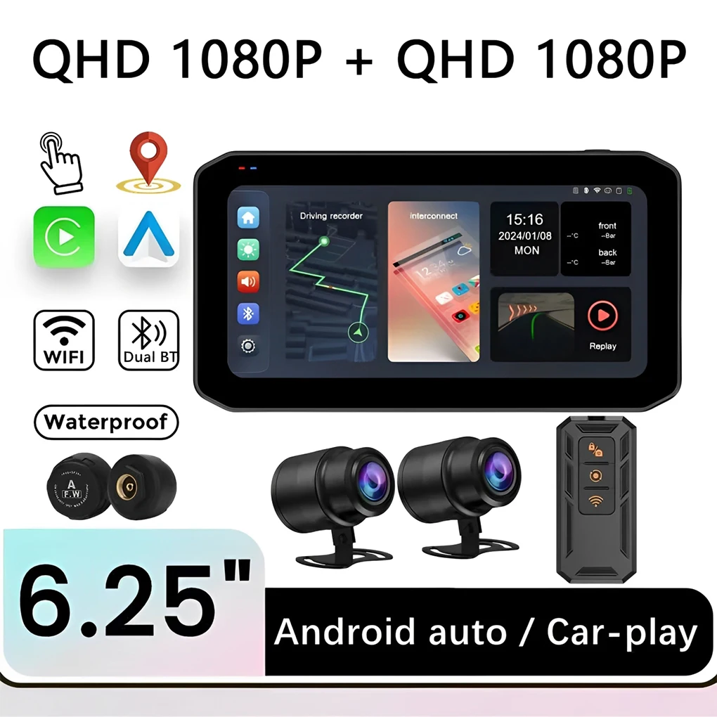 

6.25 Inch Motorcycle Wireless Carplay Android Auto Motorcycle Dual Recording Car Recorder DVR Touch Screen Durable Easy Control