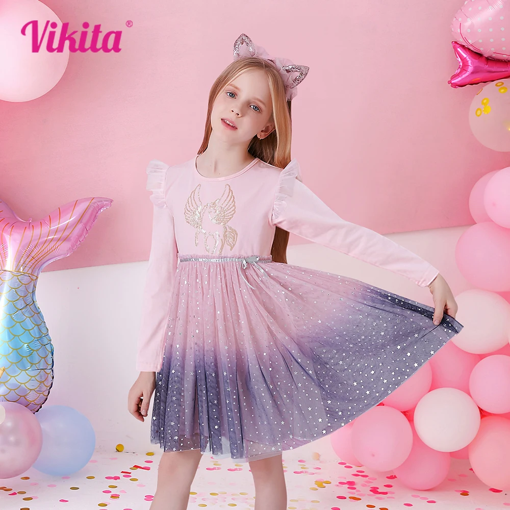 VIKITA Girl Autumn Winter Dress Kids Gradient Long Sleeve Princess Mesh Tulle Dress Kids Unicorn Rabbit Cartoon Elegant Dresses