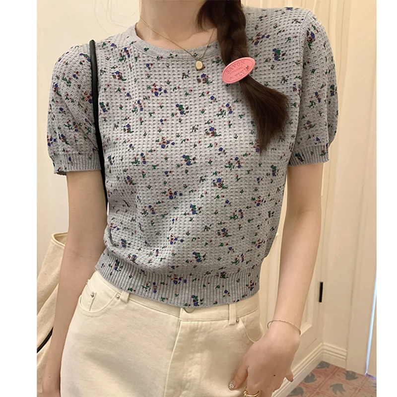 Preppy Style O-Neck Short Sleeve Slim-Fit Cropped Top Printed Floral Waffle T-Shirts Women 2024 New Short Tees Shirts Female