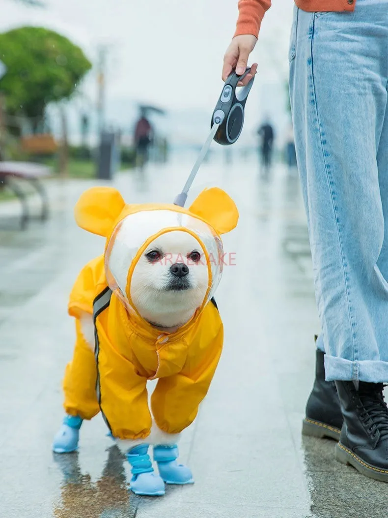 Little dog raincoat can tow all four legs, waterproof and dirt proof, teddy bear, small dog, rainy day dog walking tool