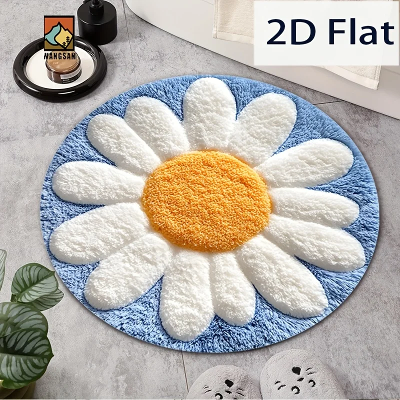Daisy Flower Round Rug Blue White Yellow Flannel Soft 2D Flat Non Slip Bath Mat for Bathroom Bedroom Kids Room Cute FloralDesign