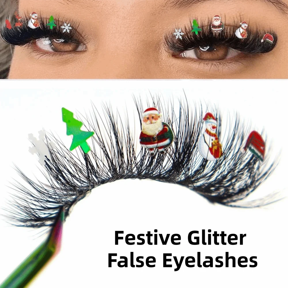 1 Pair Natural to Fluffy Festive Glitter False Eyelashes Full Strip 3D Messy Effect Christmas Fake Lashes Colorful Butterfly