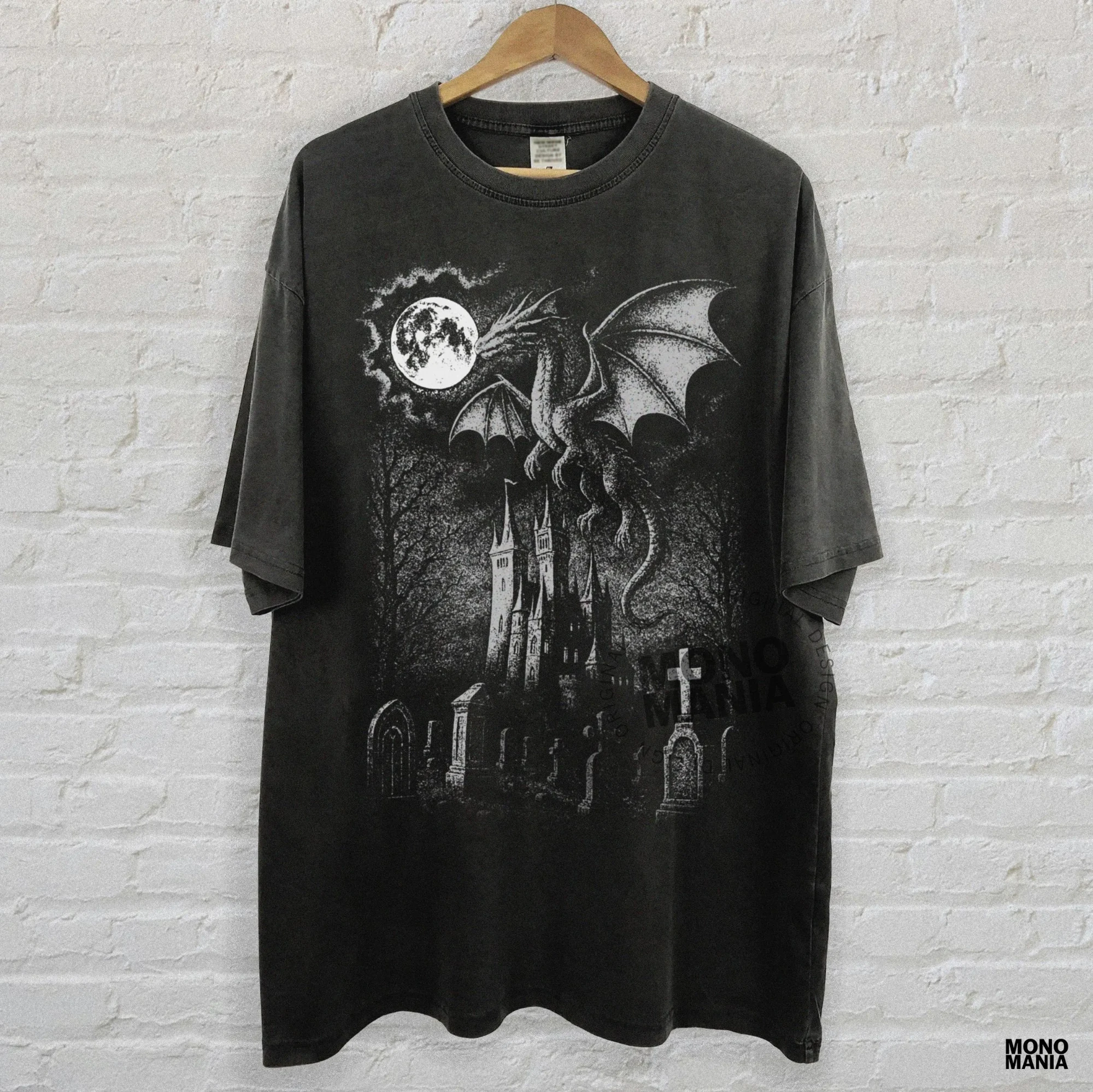 تي شيرت من العصور الوسطى بنمط التنين، نمط الخيال الداكن، نمط القوطي المتحلل، الهواء العلمي، تي شيرت قلعة القارئ الخيالي