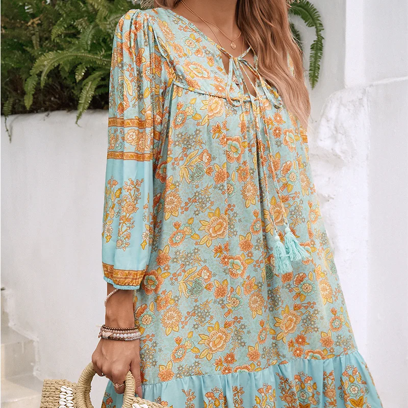 Casual Boho Women's Summer Bohemian Printed Mini Dress Sexy V Neck Loose Sundress Holiday Short Dresses Femme Vestidos Платье