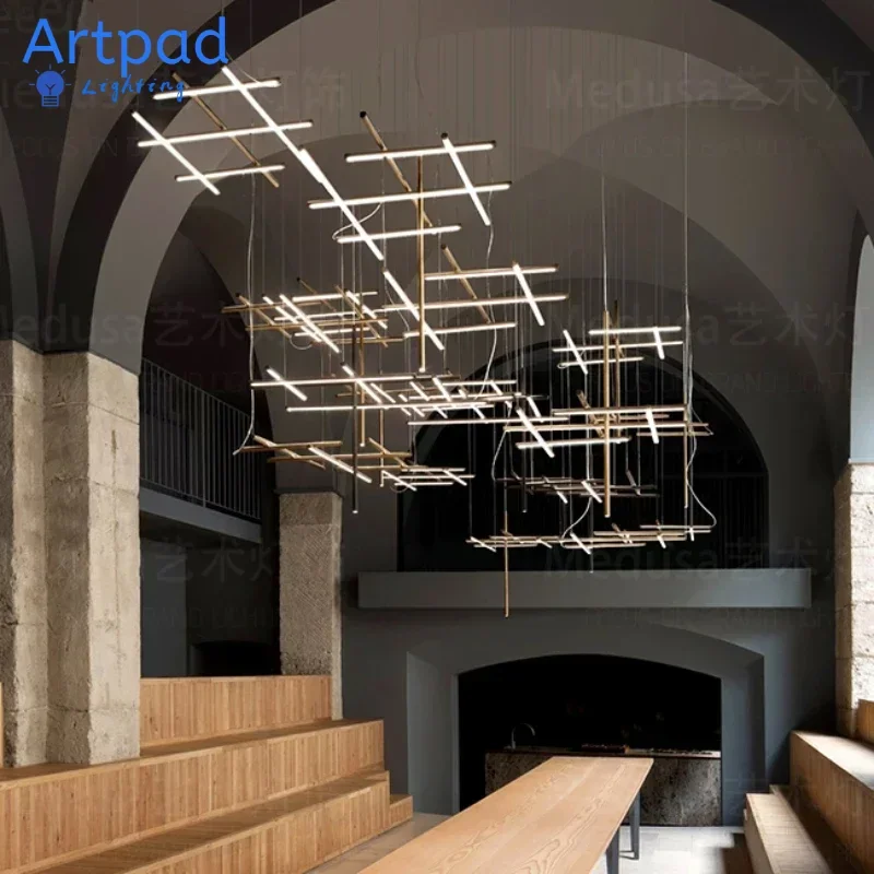 

Italy Designer Gold Ceiling Chandeliers Post -Modern LED Tube Simple Room Kitchen Bar Luster Hanging Ceiling Lighting Artpad