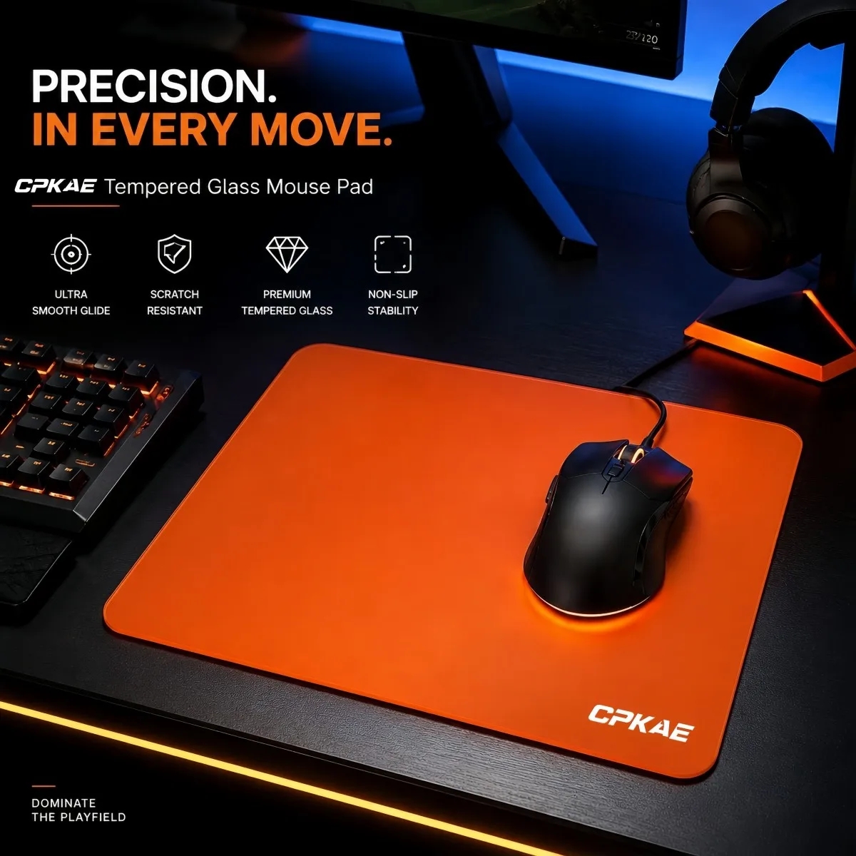CPAKE Micro‑Etched Tempered Glass Mouse Pad Waterproof High‑Precision Tracking Surface, Suitable For Professional E‑Sports Games