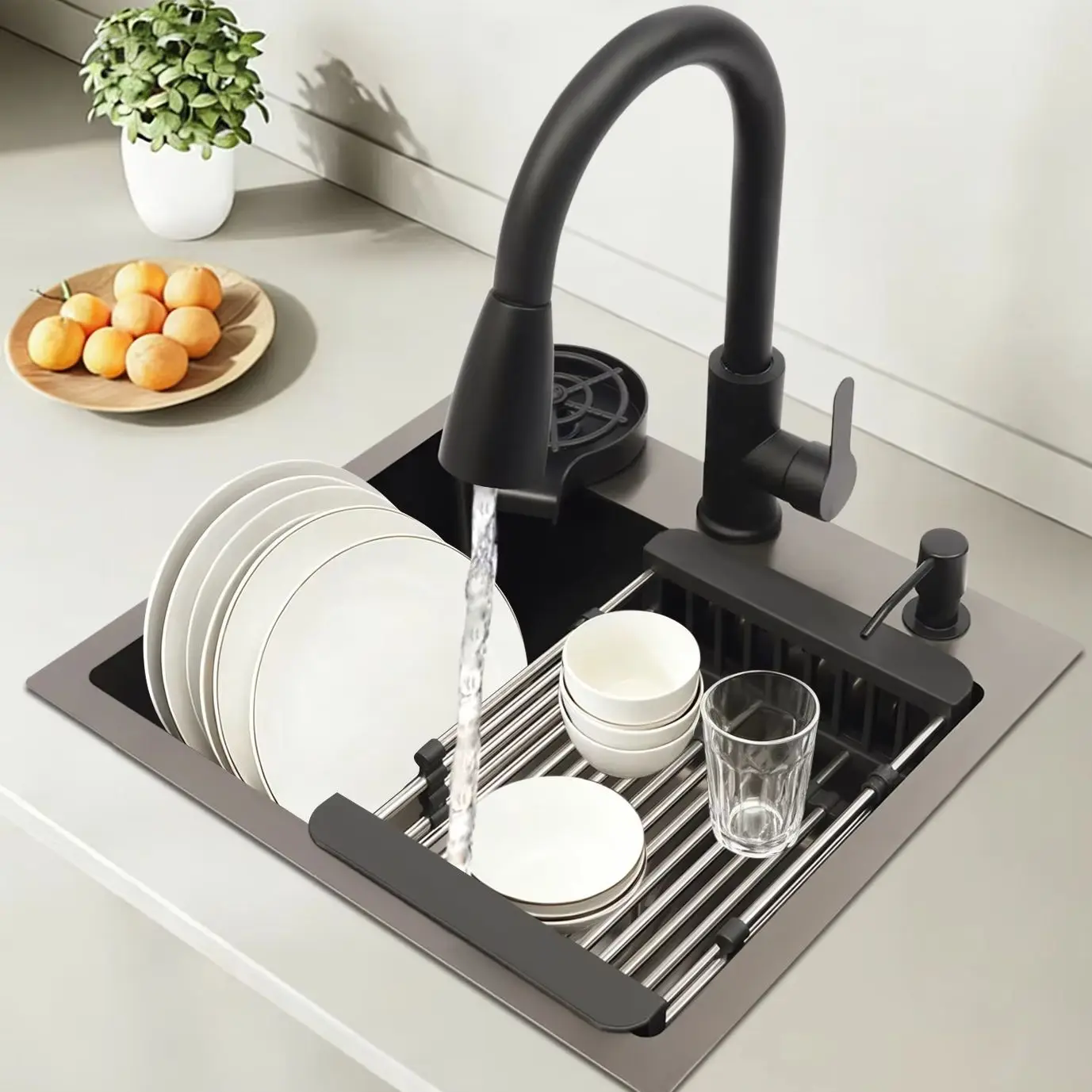Évier de cuisine en acier inoxydable 45*40cm avec robinet extractible, évier de cuisine multifonctionnel pour maisons d'hôtes et restaurants