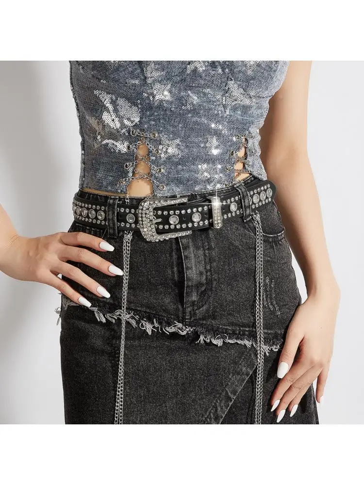 3.5CM X 105CM Ladies Crystal Belt New Japanese And Korean European Style Punk Wind Rivet Rhinestone Hip Hop Locomotive  Factory