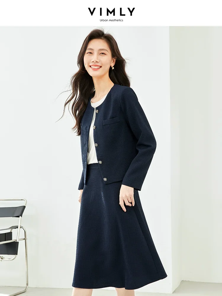 Vimly Texture Two Piece Skirt Sets for Women 2024 Spring Elegant Office Outfits Short Jacket Elastic Waist A-line Flared Skirts