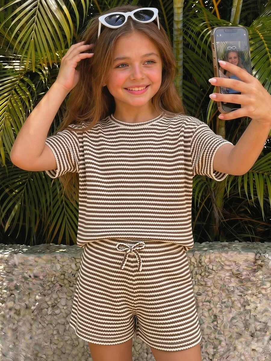

Striped Knit Short Sleeve Top And Shorts Set Casual Summer Outfit