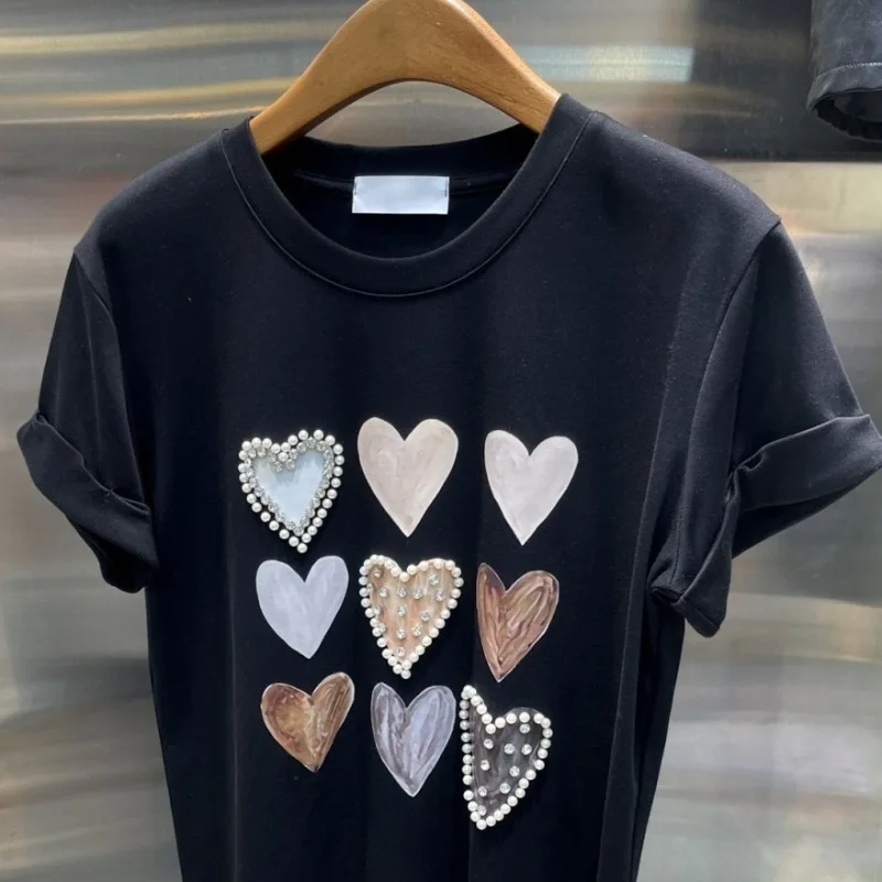 Neploe Fashion All-match Heart Beading O-neck T-shirts Y2k Short Sleeve Loose Tee Shirt 2024 Summer New White Tops Women