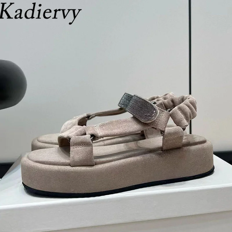 New Flat Platform Sandals Women String Bead Hook & loop Genuine Leather Casual Summer Shoes Woman Thick Sole Sandalias Woman