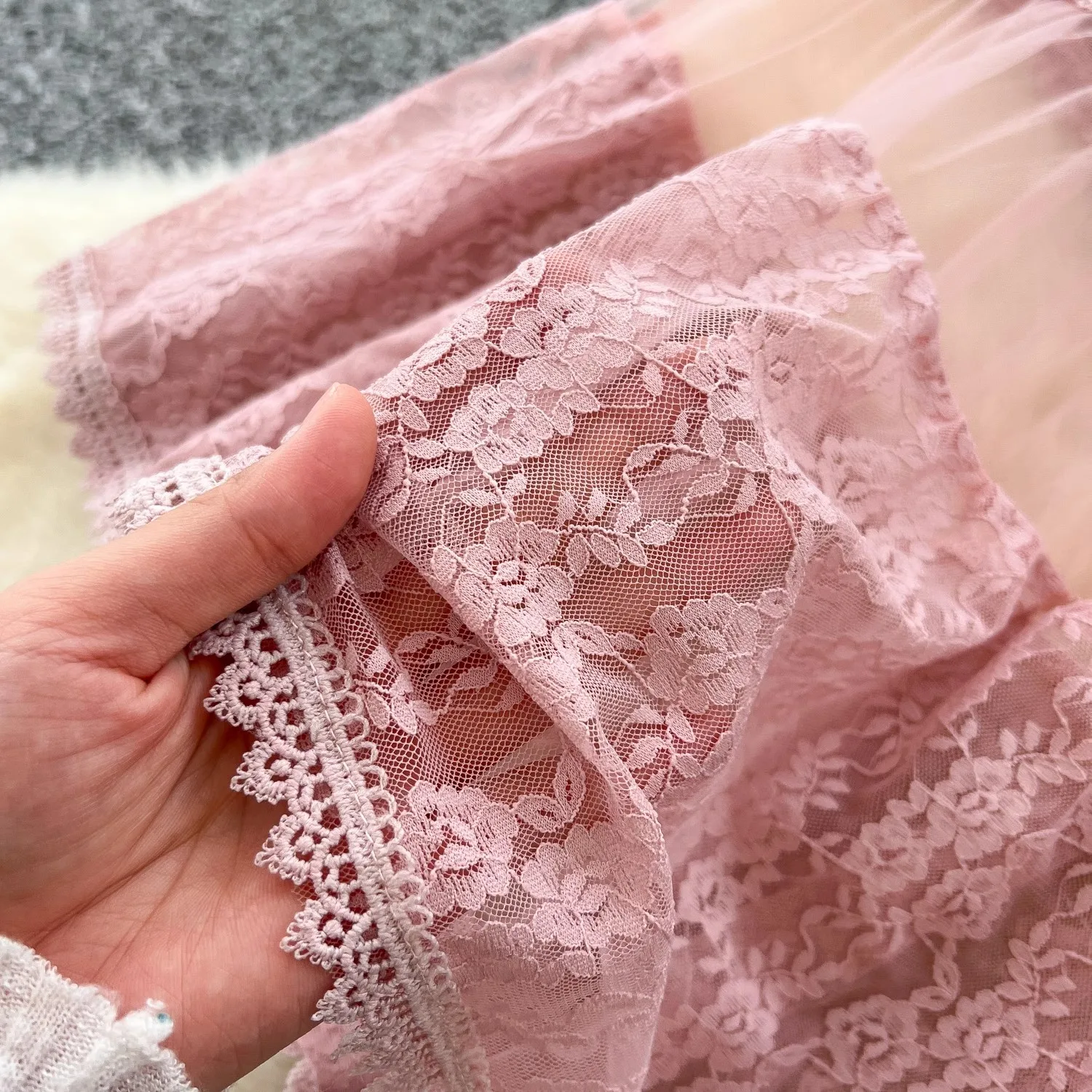 New Autumn Fashion Embroidery Lace Hollow Out Dress For Women Flare Long Sleeves Sweet Pink Elegant Dresses Female Clothing