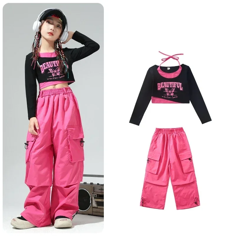 Fashion Suits Girl\'s Jazz Children\'s Street Dance Performance Hip-hop Clothes Color Matching Cool Wide Leg Pants Drop Shipping