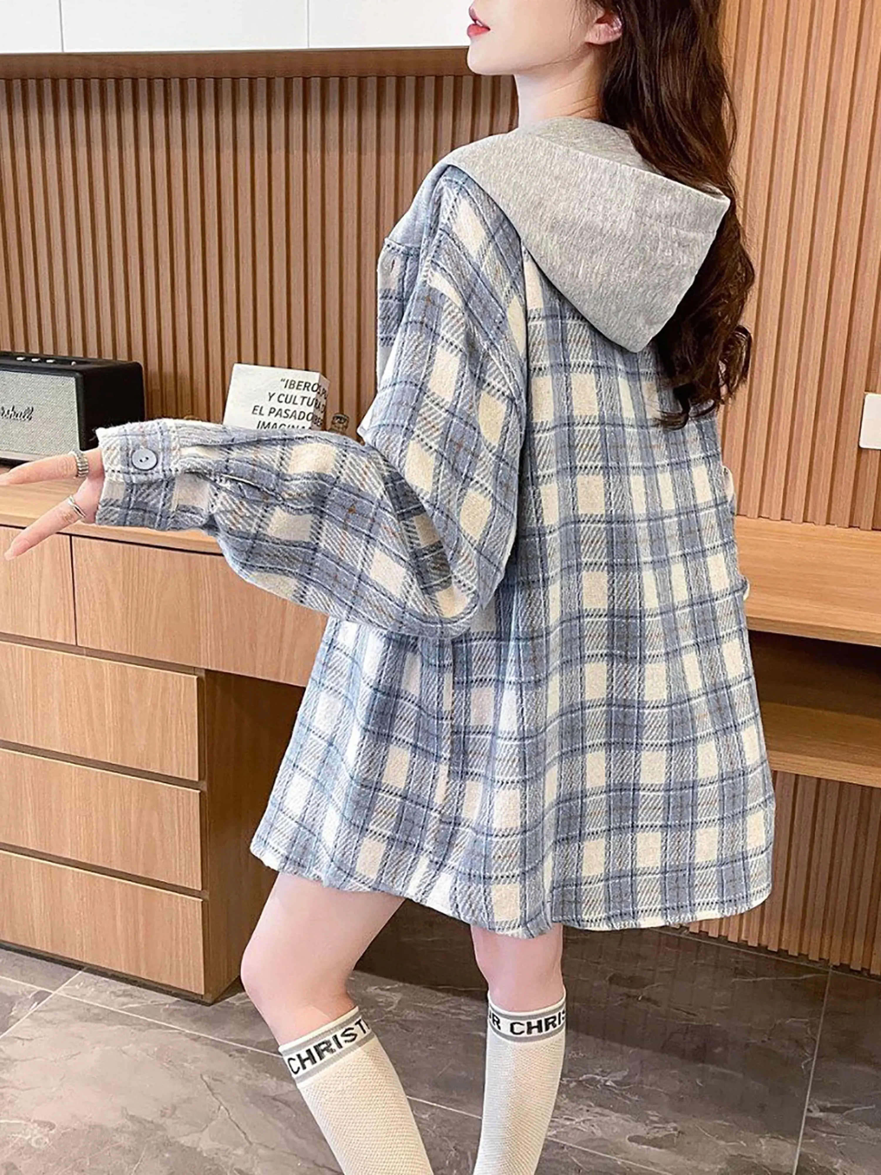Trendy Plaid Hooded Jacket Women's Spring Autumn Loose plus Size Fat MM Thin Shirt Style Top Polyester Fiber Casual Shirt